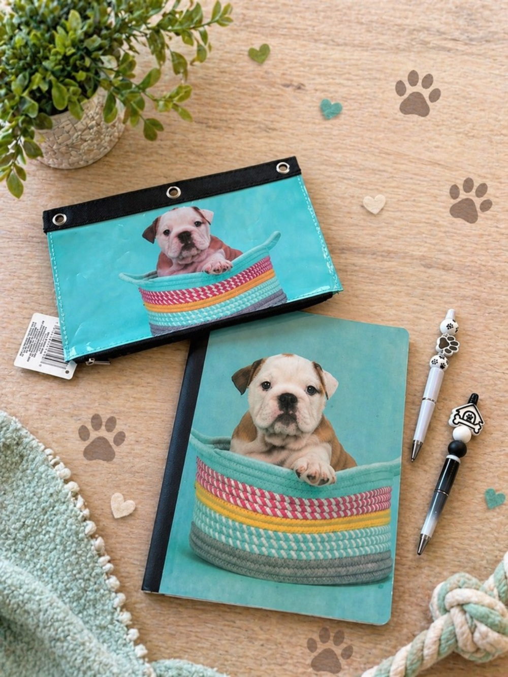Two dog themed handmade beaded pens with a Puppy Basket Notebook & Pouch Set